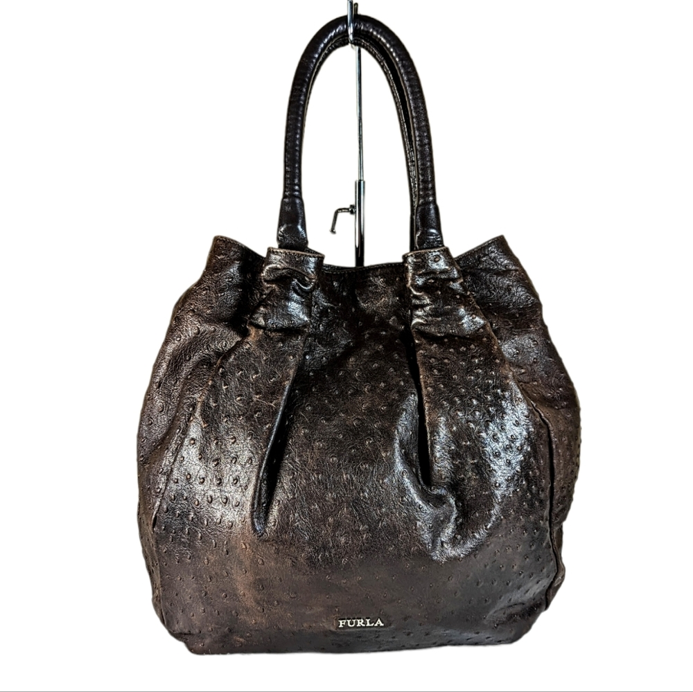 Furla Ostrich Embossed Brown Leather Tote Bag